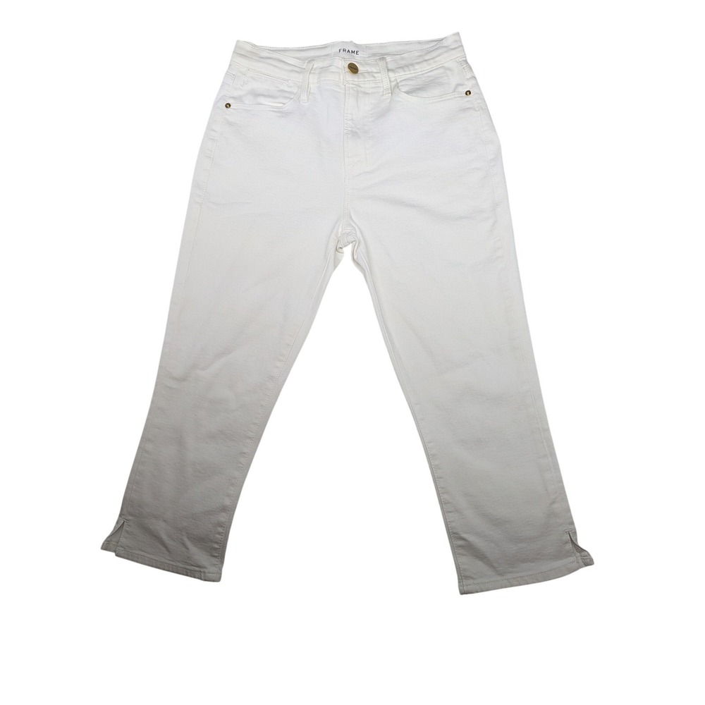 FRAME White Denim Cropped Jeans Side Slit Hem Size 27 Womens Gold Button